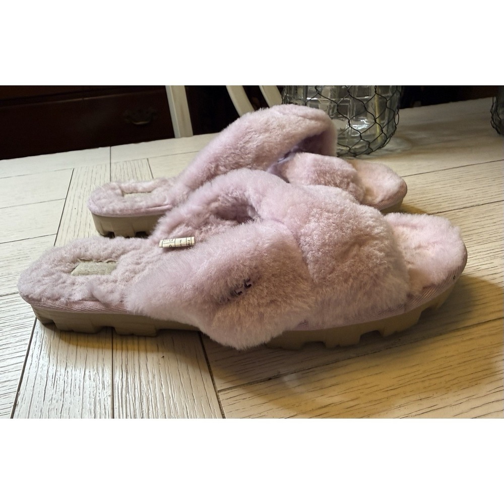 UGG Fuzzy Fabric Straps Fuzzette Cozy Slippers Pink‎ Lavender Comfy 10 Coquette
